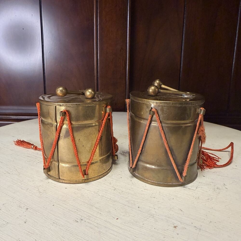 Vintage Brass Drums Christmas Ornaments 1970s Made in India With Tassles